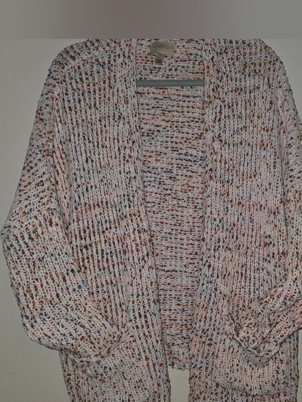 Cupio Open-Front Chunky Knit Cardigan - Cream with Rust and Pink Speckle